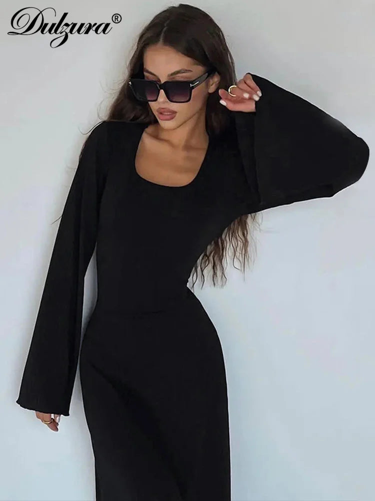 Dulzura Solid Ribbed Trumpet Sleeves Maxi Dress Back Lace-Up Straps Elegant Casual 2024 Autumn Winter For Women Birthday