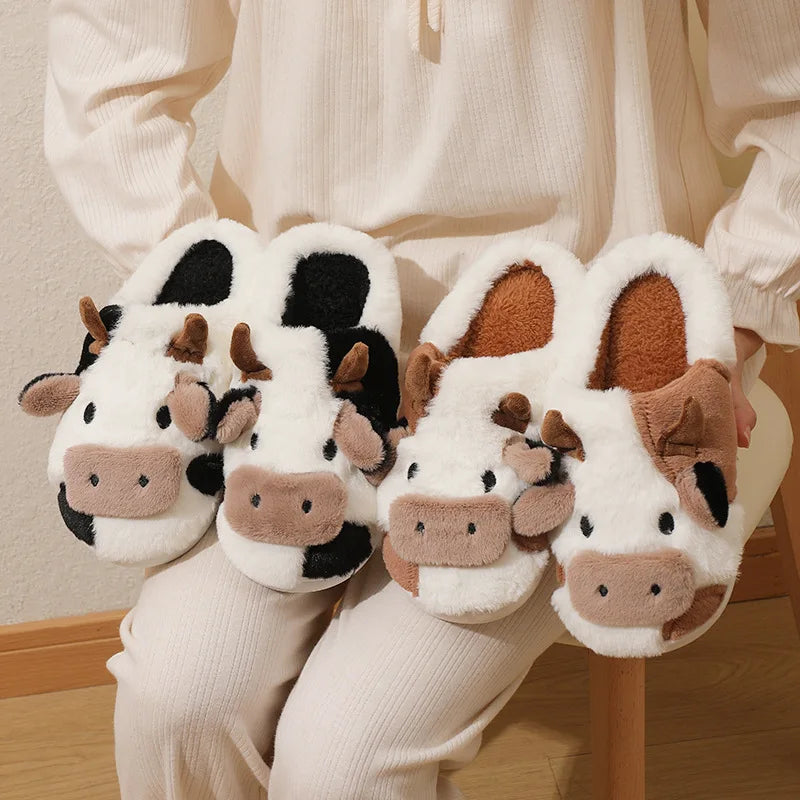 Cute Cow Home Slippers Womens Winter Warm Flats Soft Sole Flip Flops Couples Indoor Anti-slip Bedroom Shoes Women Plush Slides