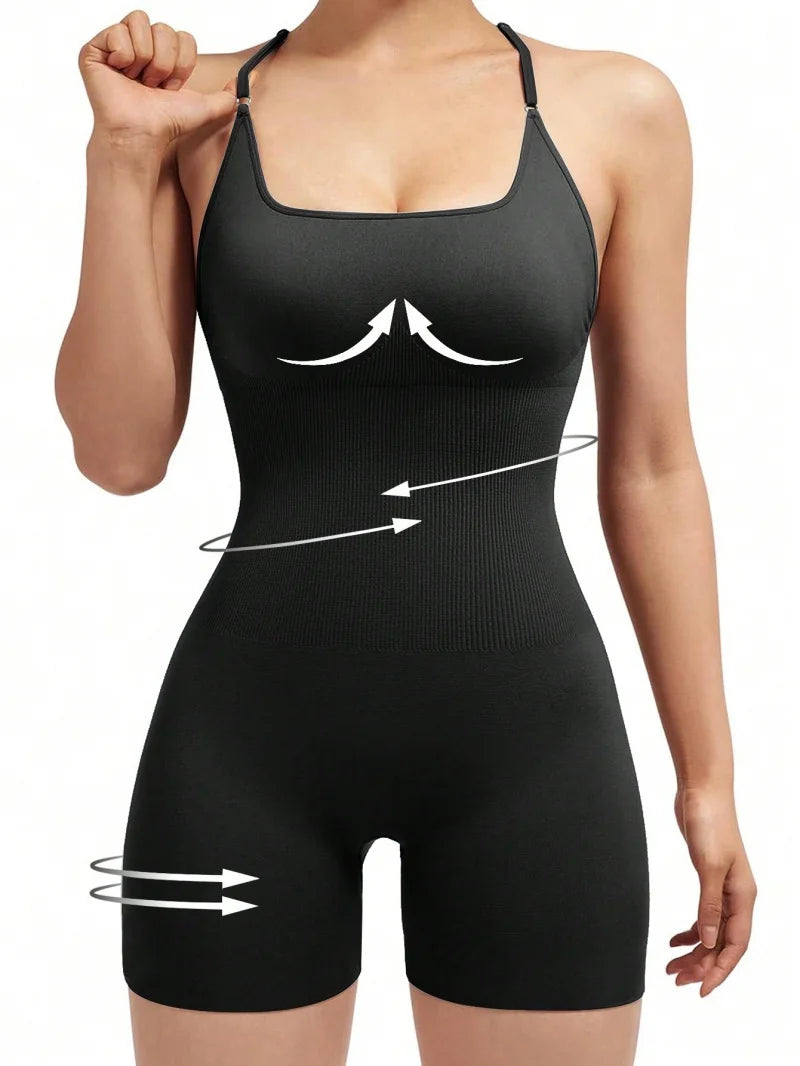 Sexy Fitness Jumpsuit Women Cross Adjustable Sports Playsuit Running One Piece Yoga Suit Scrunch Shorts Backless Set Romper