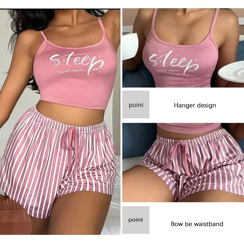 Summer Women's Sexy Printed Letter Sleeveless Suspender Top and Printed Striped Casual Shorts Women's Casual Home Pajama Set