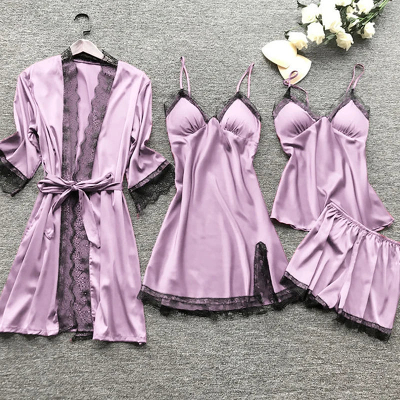 4PCS Sleepwear Pajamas Set Silk Women Nightdress Lace Dress Robe Sleep Nightwear Silk Solid Color Pijama Sets