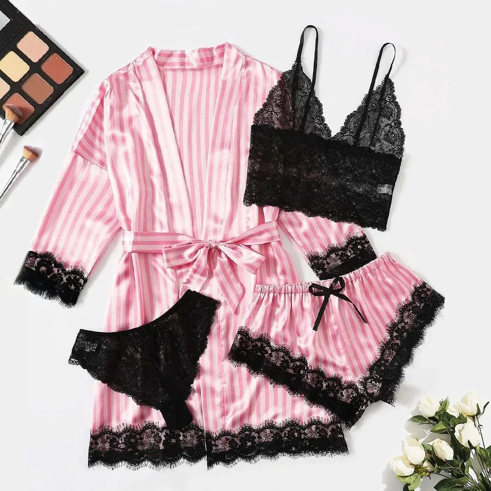 Women's Fashion Pajama Print Sexy Lace Trim Faux Silk Satin Pajama Set Gown Skin Friendly Comfort Loungewear Sexy Pajamas