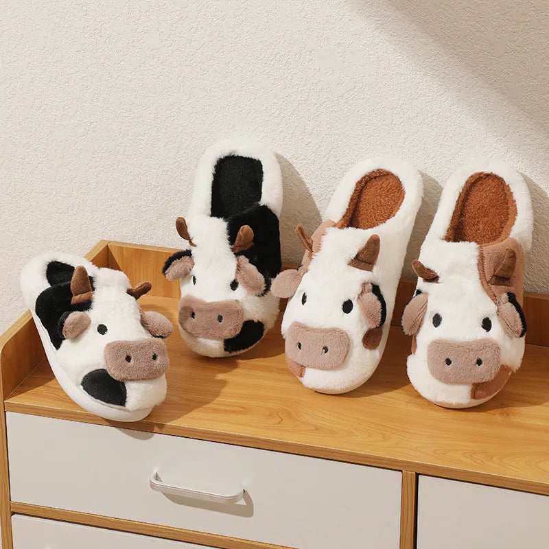 Cute Cow Home Slippers Womens Winter Warm Flats Soft Sole Flip Flops Couples Indoor Anti-slip Bedroom Shoes Women Plush Slides