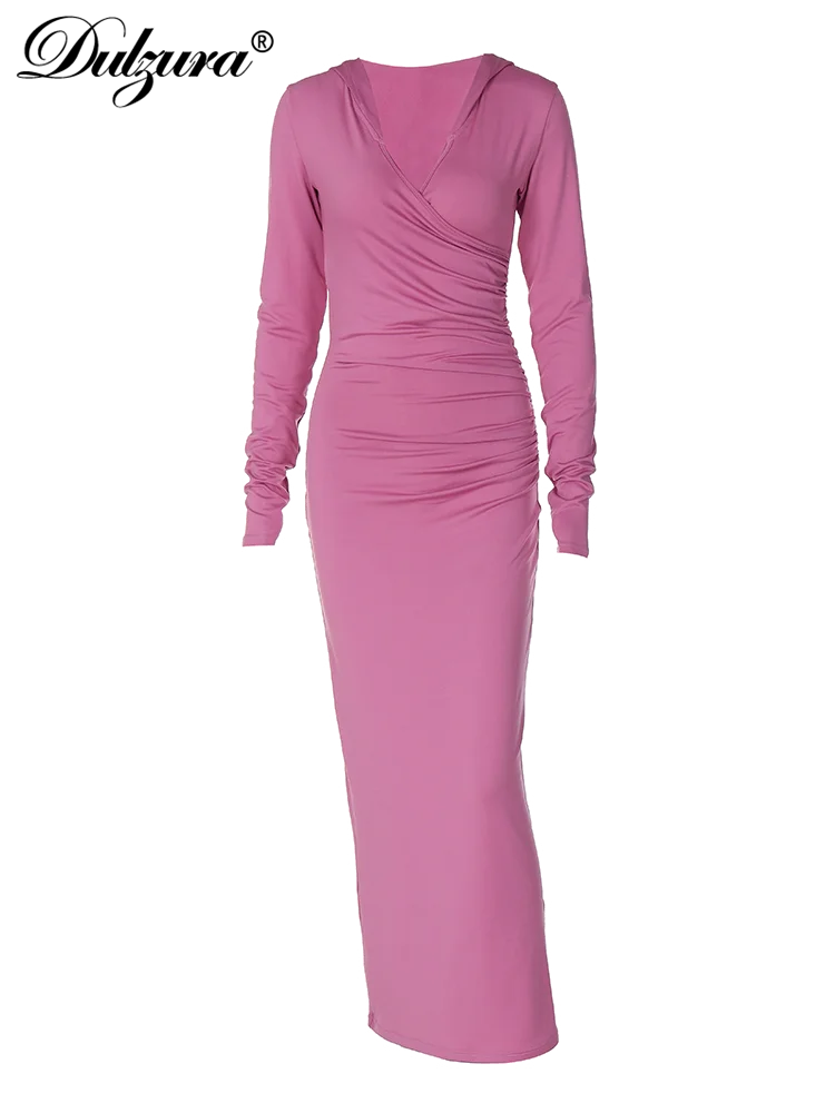 Dulzura Solid Pure Color Hooded Ruched V-Neck Long Sleeves Maxi Dress 2024 Autumn Winter Women Sexy Clubwear Birthday Party