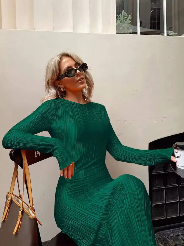 Dulzura Autumn Striped Ruched Ruffle Sexy Y2K Clothes Long Sleeve Bodycon Midi Dresses For Women 2024 Club Party Elegant Outfit