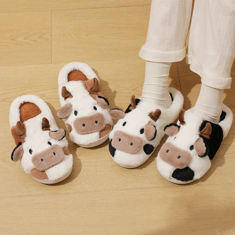 Cute Cow Home Slippers Womens Winter Warm Flats Soft Sole Flip Flops Couples Indoor Anti-slip Bedroom Shoes Women Plush Slides