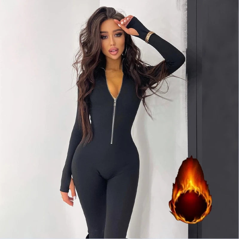 solid black/gray long sleeve skiing jumpsuit women elastic hight outfit fashion fitness sportwear slim rompers streetwear