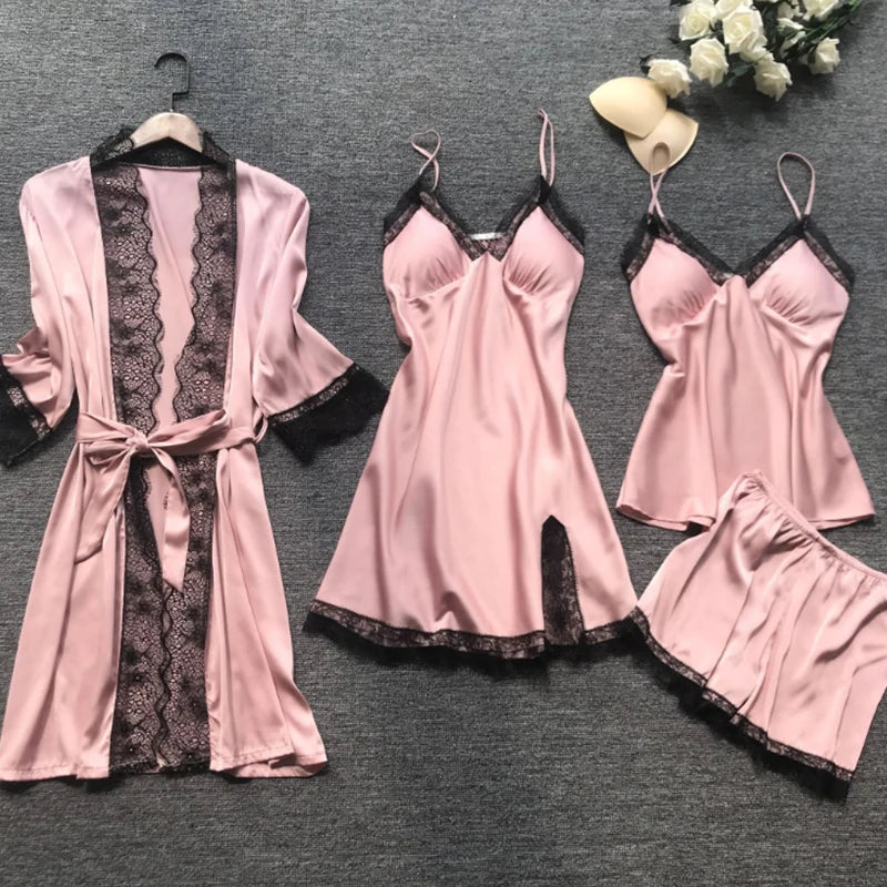 4PCS Sleepwear Pajamas Set Silk Women Nightdress Lace Dress Robe Sleep Nightwear Silk Solid Color Pijama Sets