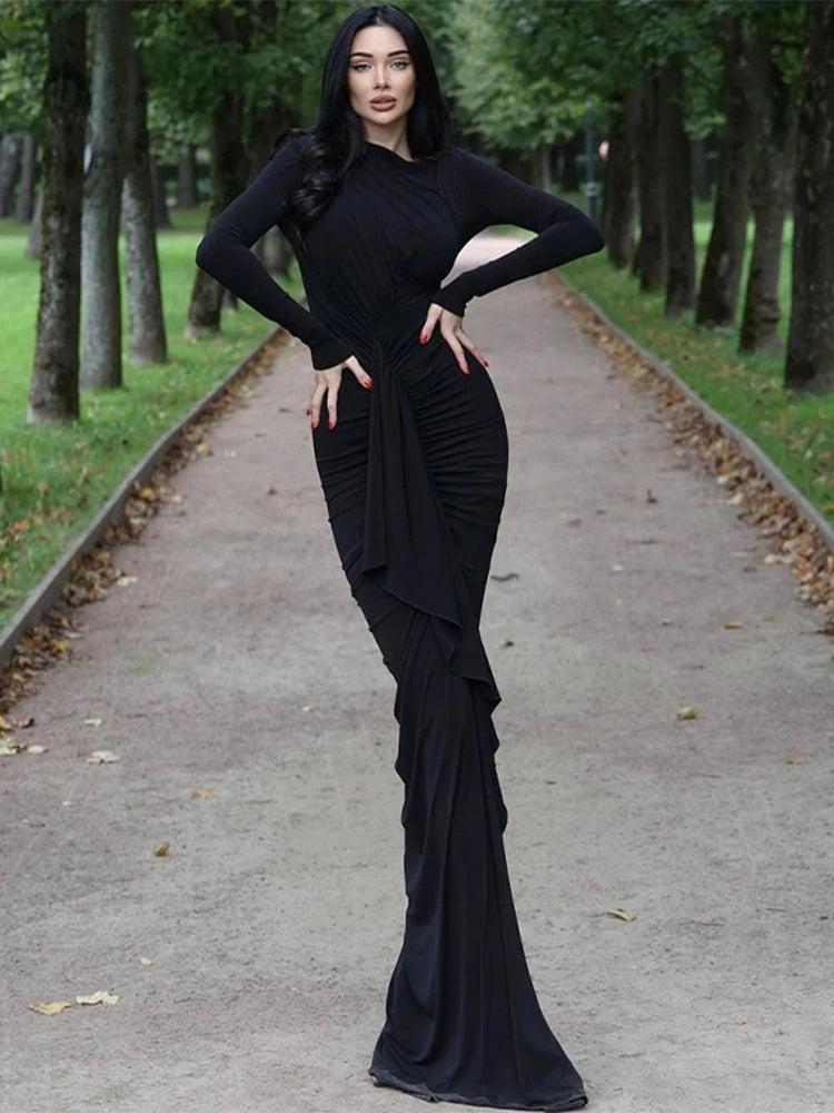 Dulzura Solid Maxi Dress Long Sleeves Ruched High Slit Elegant Banquet 2023 Autumn For Women Sexy Wholesale Drop Shipping