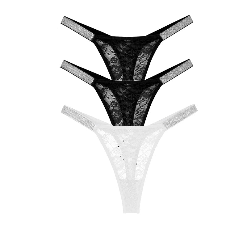 3pcs Sexy Thongs Lace Women Underwear Perspective Floral Panties Low Rise Two Shiny Belts G-string Comfortable Intimate Lingerie