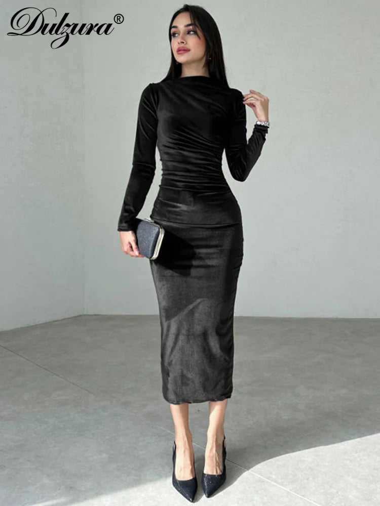 Dulzura Velvet Solid Midi Dress Long Sleeves 2023 Autumn Winter Women'S Outfits Sexy Wholesale Drop Shipping Clubwear Birthday