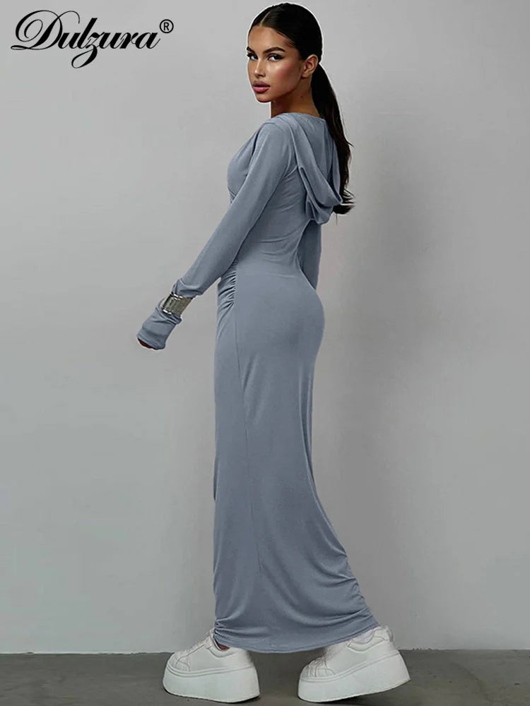 Dulzura Solid Pure Color Hooded Ruched V-Neck Long Sleeves Maxi Dress 2024 Autumn Winter Women Sexy Clubwear Birthday Party