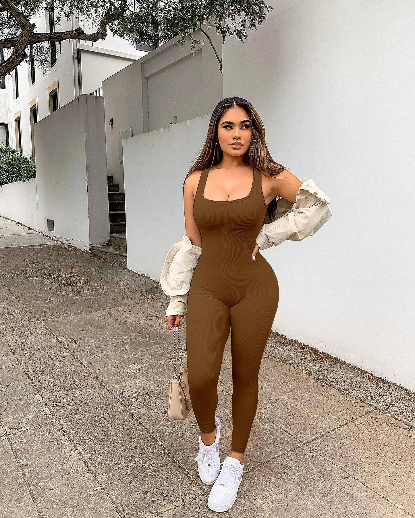 Women Workout Seamless Jumpsuit Yoga Ribbed Bodycon One Piece Square Neck Leggings Romper