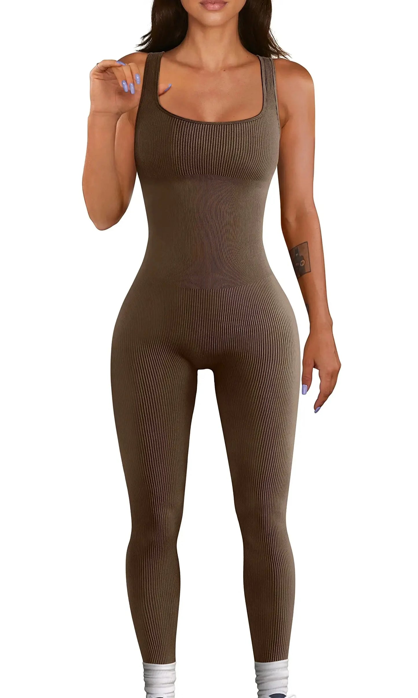 Women Workout Seamless Jumpsuit Yoga Ribbed Bodycon One Piece Square Neck Leggings Romper