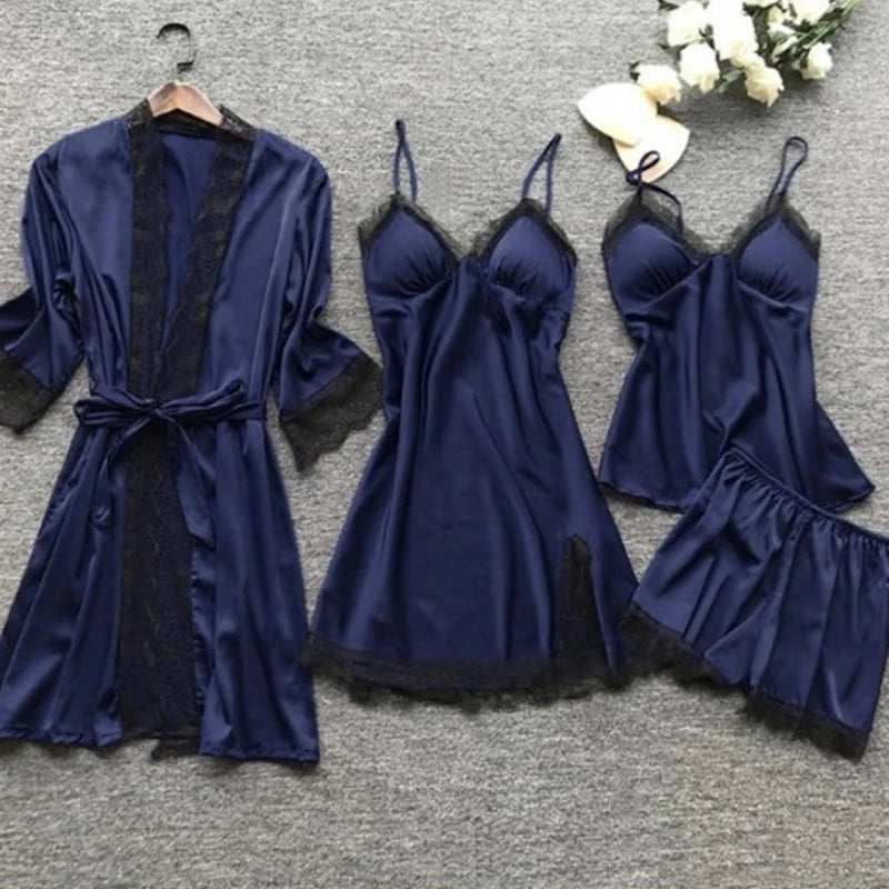 4PCS Sleepwear Pajamas Set Silk Women Nightdress Lace Dress Robe Sleep Nightwear Silk Solid Color Pijama Sets