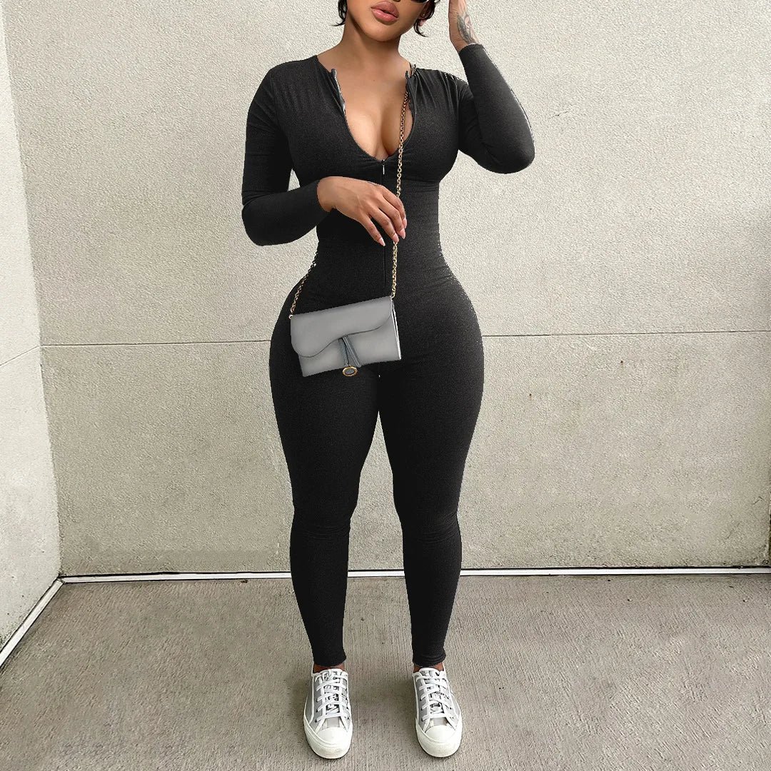 solid black/gray long sleeve skiing jumpsuit women elastic hight outfit fashion fitness sportwear slim rompers streetwear