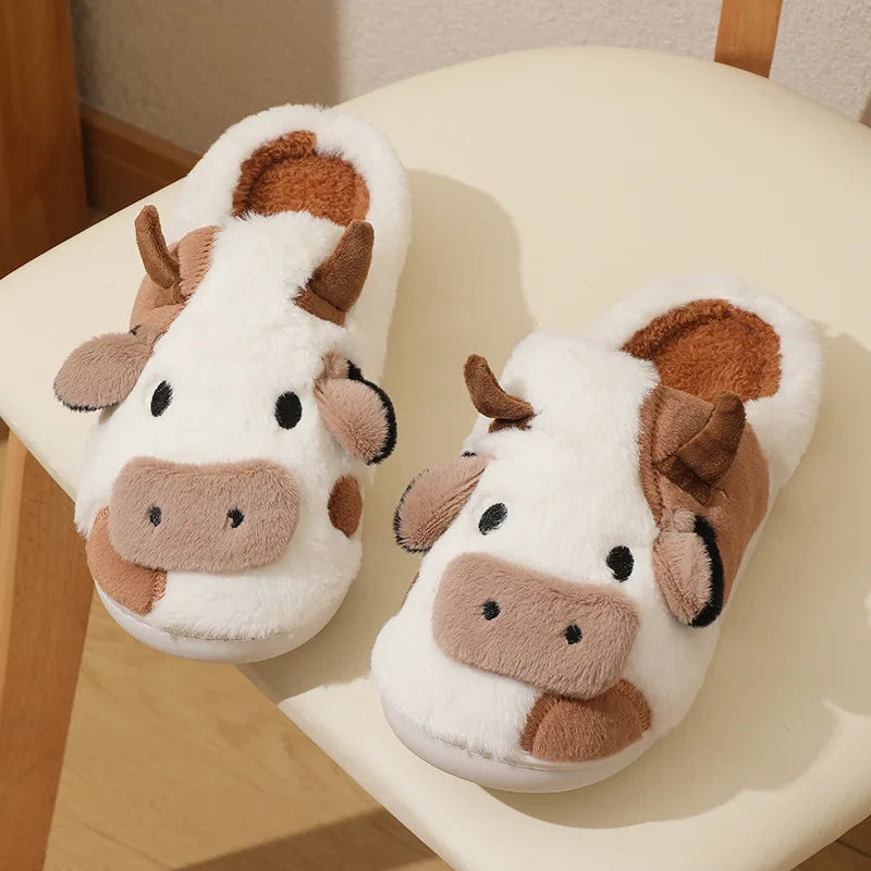 Cute Cow Home Slippers Womens Winter Warm Flats Soft Sole Flip Flops Couples Indoor Anti-slip Bedroom Shoes Women Plush Slides