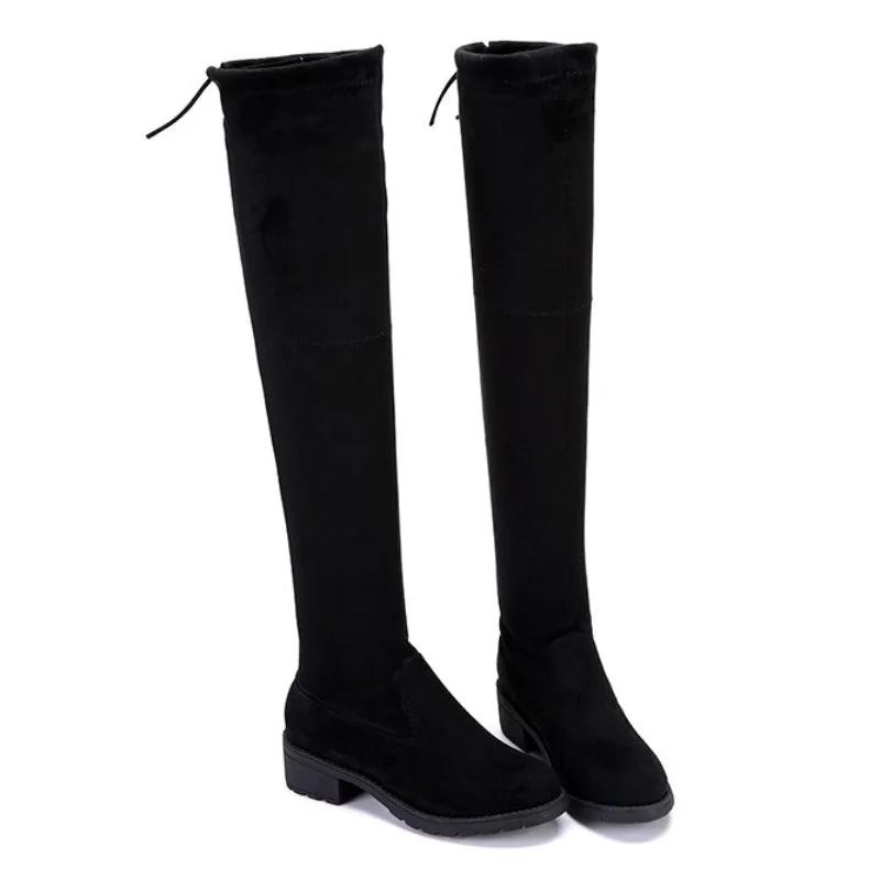 Women Boots Winter Black Over The Knee Boots 2024 New Comfort Lace Up Chunky High Heels Shoes Fashion Warm Suede Round Toe Boots