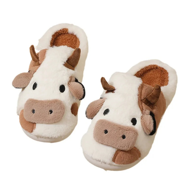 Cute Cow Home Slippers Womens Winter Warm Flats Soft Sole Flip Flops Couples Indoor Anti-slip Bedroom Shoes Women Plush Slides