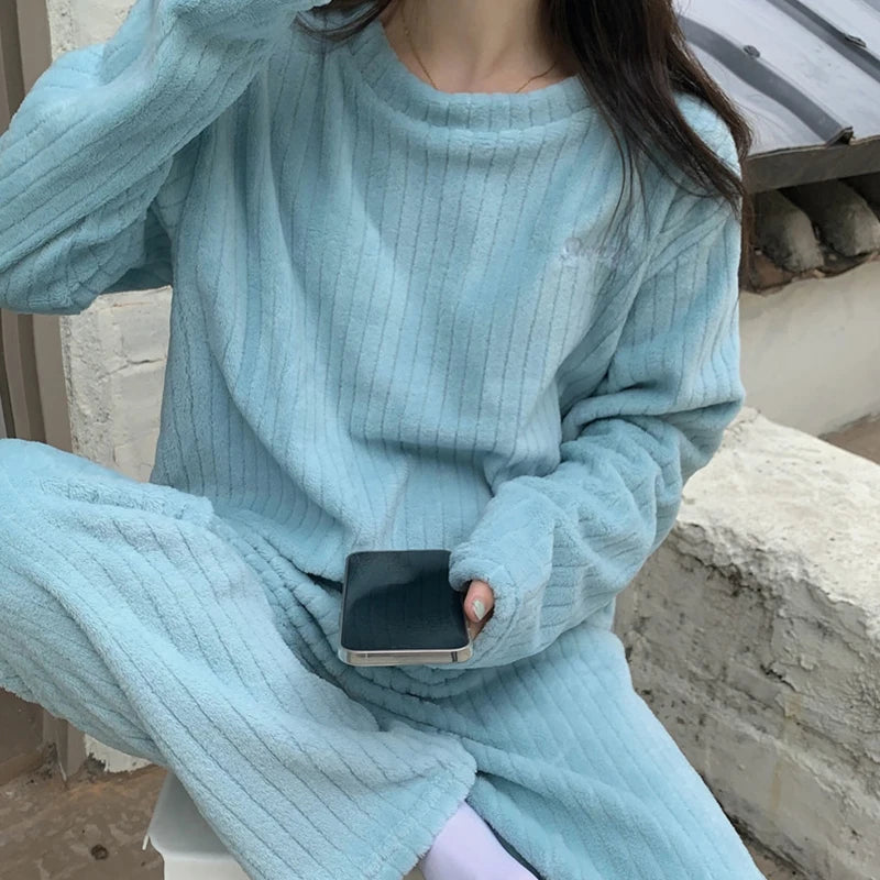 Autumn Women Solid Warm 2 Piece Sets Thicken Velvet Ribbed Fleece Set Pullover And Pants Women Casual Pajama Sets 2023