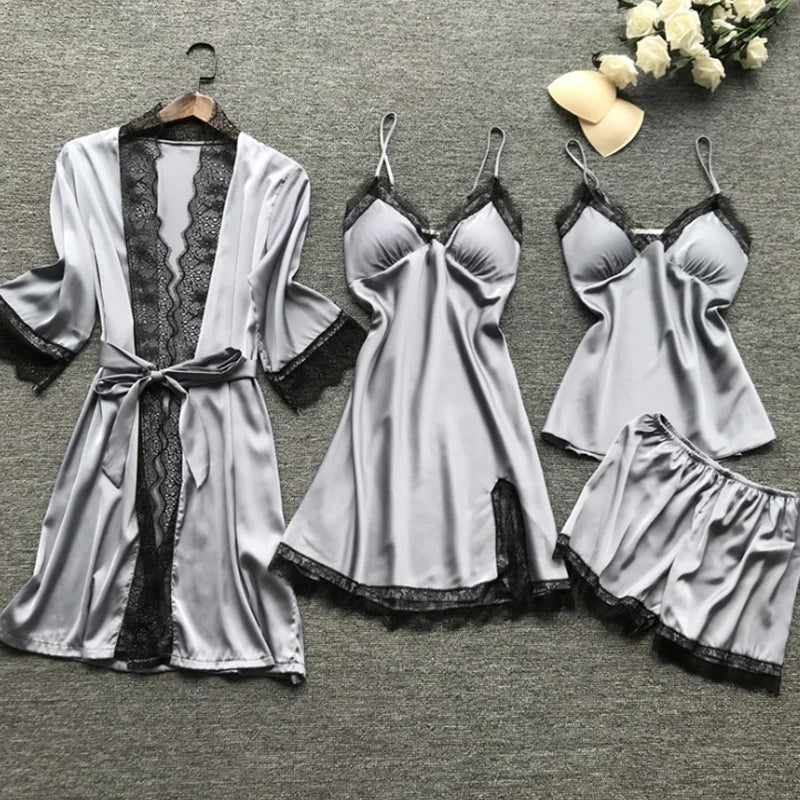 4PCS Sleepwear Pajamas Set Silk Women Nightdress Lace Dress Robe Sleep Nightwear Silk Solid Color Pijama Sets