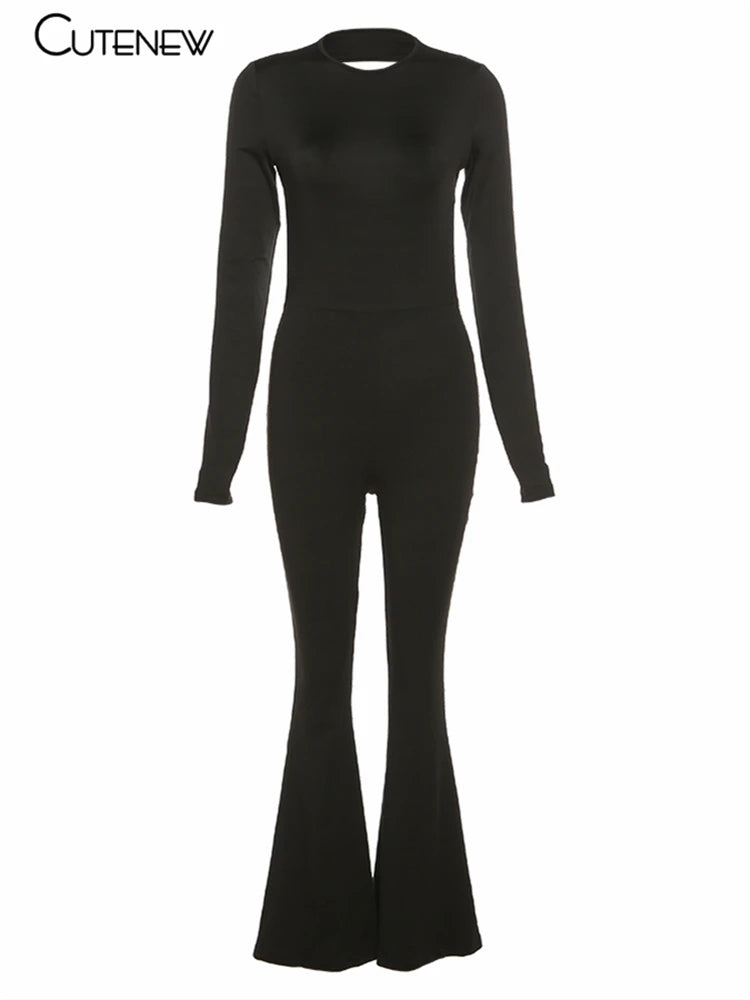 Nibber Solid Black Sexy Backless Bodycon Wide Leg Jumpsuit Women Autumn Casual Slim Long Sleeve O-Neck Playsuit Lady Streetwear