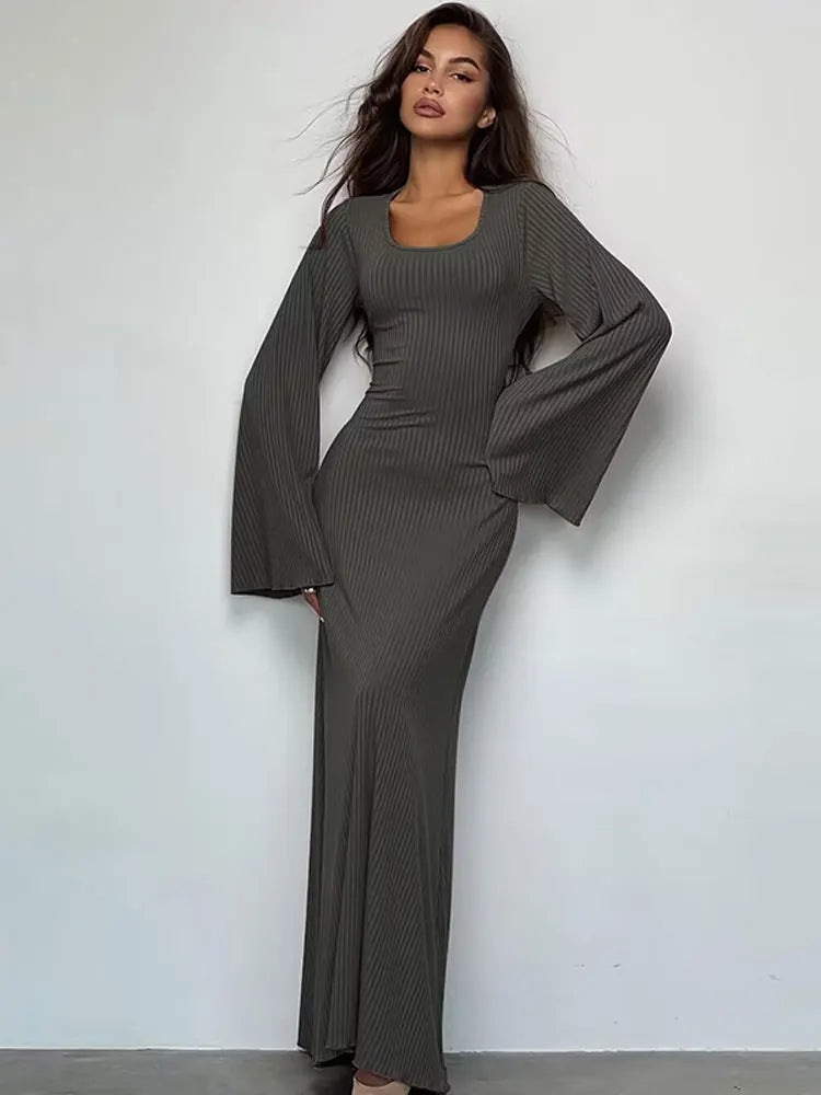 Dulzura Solid Ribbed Trumpet Sleeves Maxi Dress Back Lace-Up Straps Elegant Casual 2024 Autumn Winter For Women Birthday