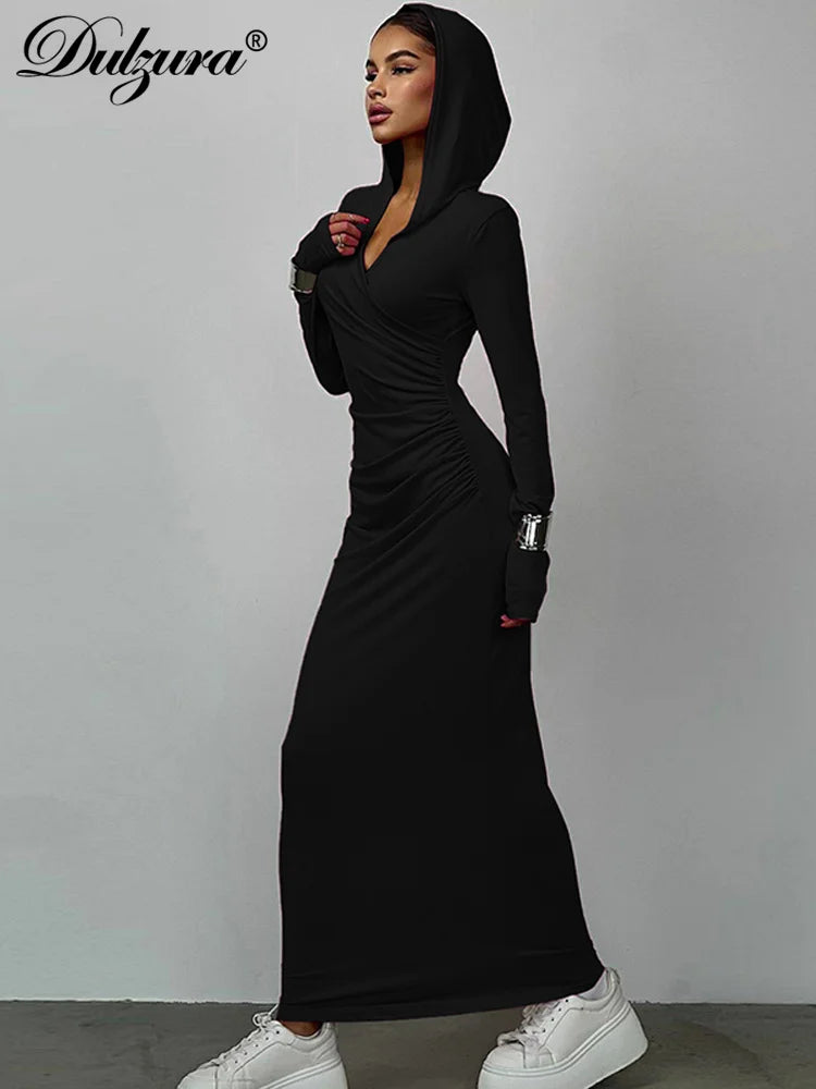 Dulzura Solid Pure Color Hooded Ruched V-Neck Long Sleeves Maxi Dress 2024 Autumn Winter Women Sexy Clubwear Birthday Party