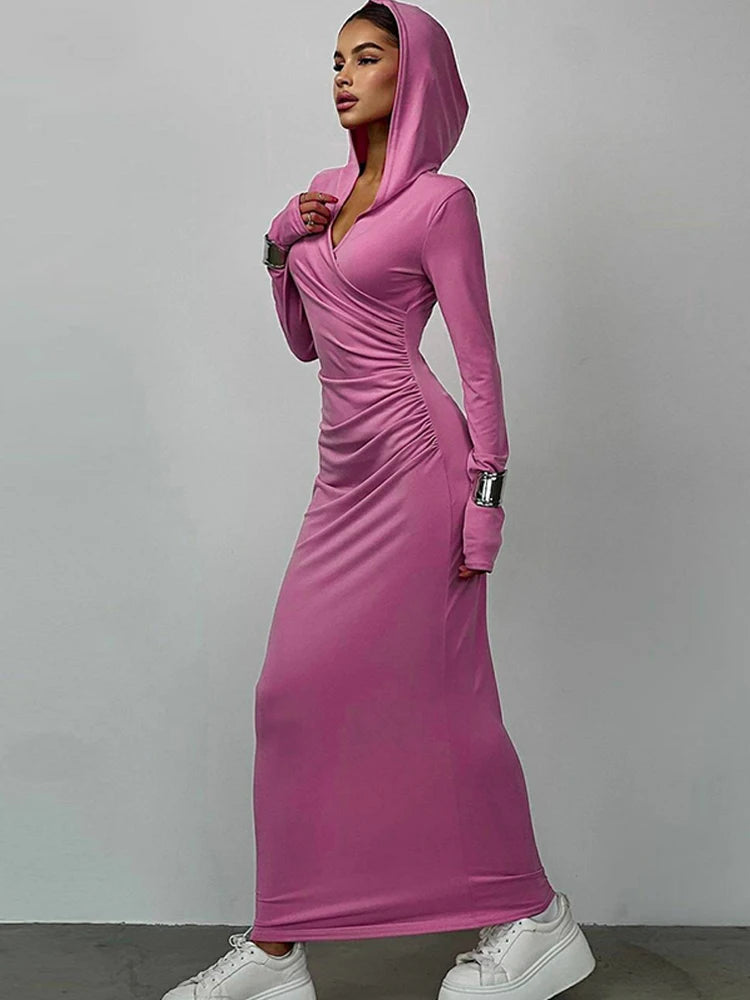 Dulzura Solid Pure Color Hooded Ruched V-Neck Long Sleeves Maxi Dress 2024 Autumn Winter Women Sexy Clubwear Birthday Party