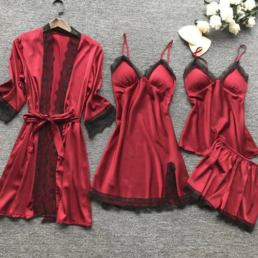 4PCS Sleepwear Pajamas Set Silk Women Nightdress Lace Dress Robe Sleep Nightwear Silk Solid Color Pijama Sets