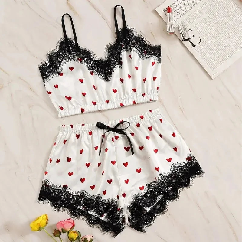 Two Piece Women's Sexy White Printed Heart V-Neck Suspender Top and Lace Embellished Shorts Women's Sexy Pajama Set