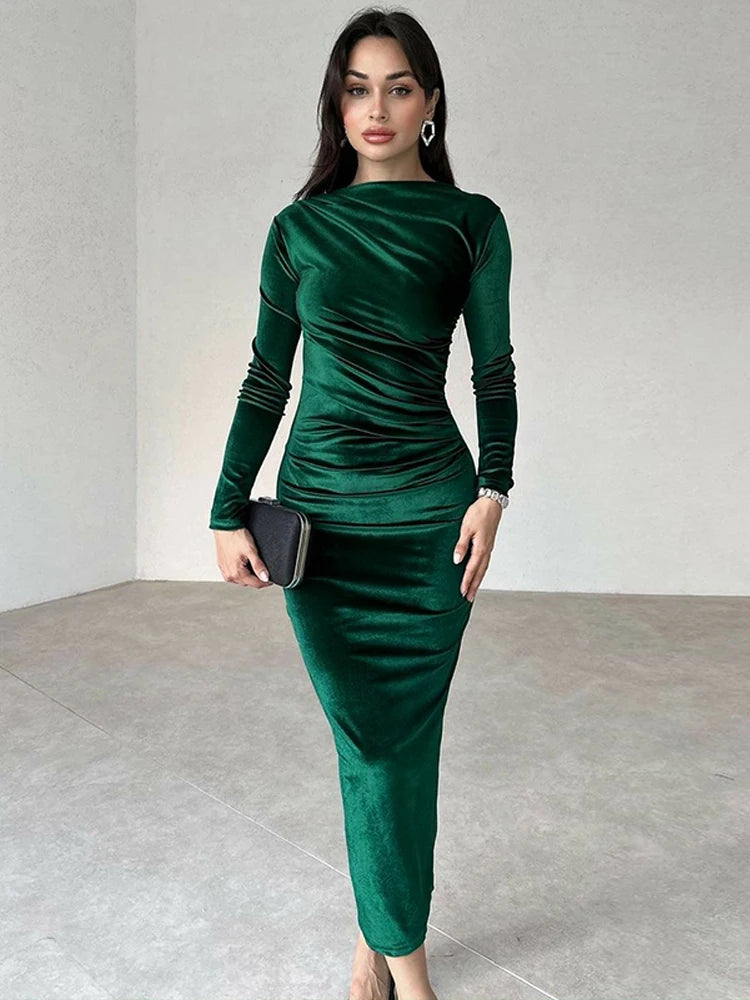 Dulzura Velvet Solid Midi Dress Long Sleeves 2023 Autumn Winter Women'S Outfits Sexy Wholesale Drop Shipping Clubwear Birthday