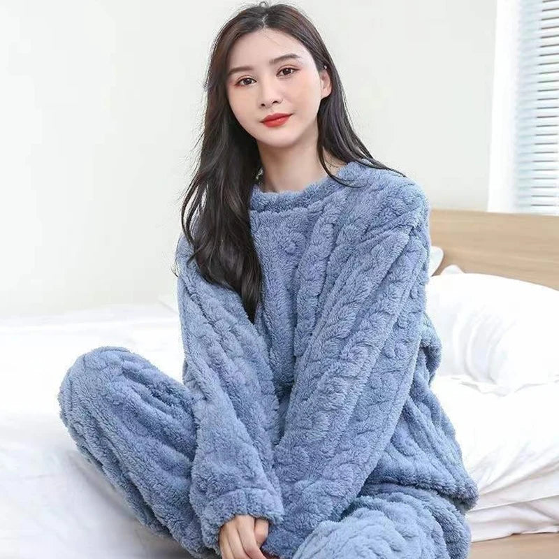 Autumn Women Solid Warm 2 Piece Sets Thicken Velvet Ribbed Fleece Set Pullover And Pants Women Casual Pajama Sets 2023