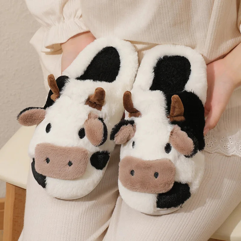 Cute Cow Home Slippers Womens Winter Warm Flats Soft Sole Flip Flops Couples Indoor Anti-slip Bedroom Shoes Women Plush Slides