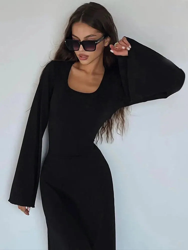 Dulzura Solid Ribbed Trumpet Sleeves Maxi Dress Back Lace-Up Straps Elegant Casual 2024 Autumn Winter For Women Birthday