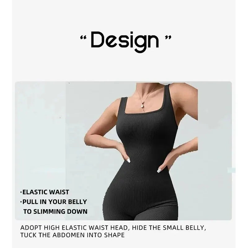 Women Workout Seamless Jumpsuit Yoga Ribbed Bodycon One Piece Square Neck Leggings Romper