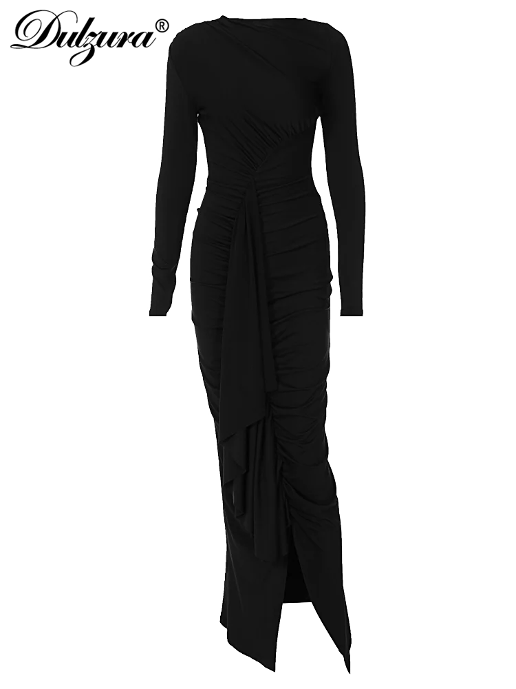 Dulzura Solid Maxi Dress Long Sleeves Ruched High Slit Elegant Banquet 2023 Autumn For Women Sexy Wholesale Drop Shipping