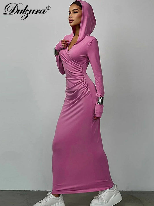 Dulzura Solid Pure Color Hooded Ruched V-Neck Long Sleeves Maxi Dress 2024 Autumn Winter Women Sexy Clubwear Birthday Party