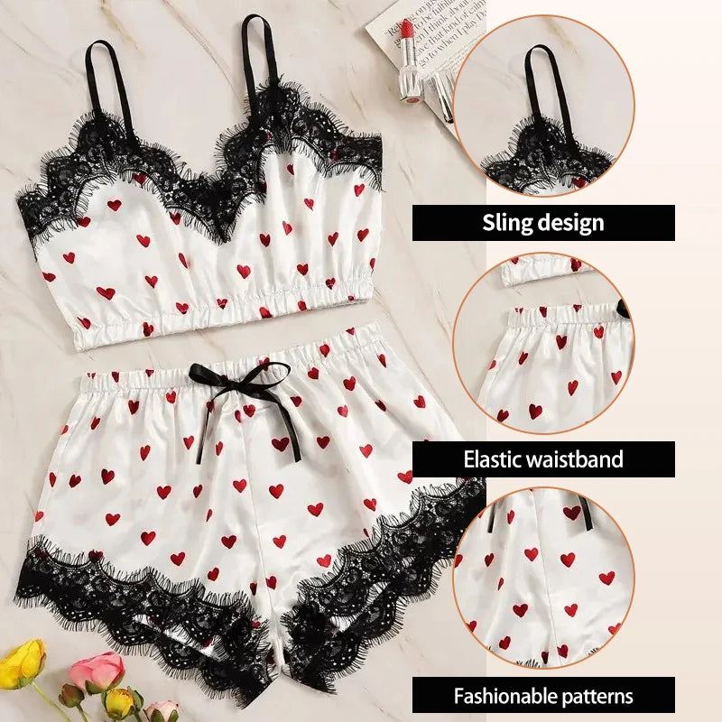 Two Piece Women's Sexy White Printed Heart V-Neck Suspender Top and Lace Embellished Shorts Women's Sexy Pajama Set