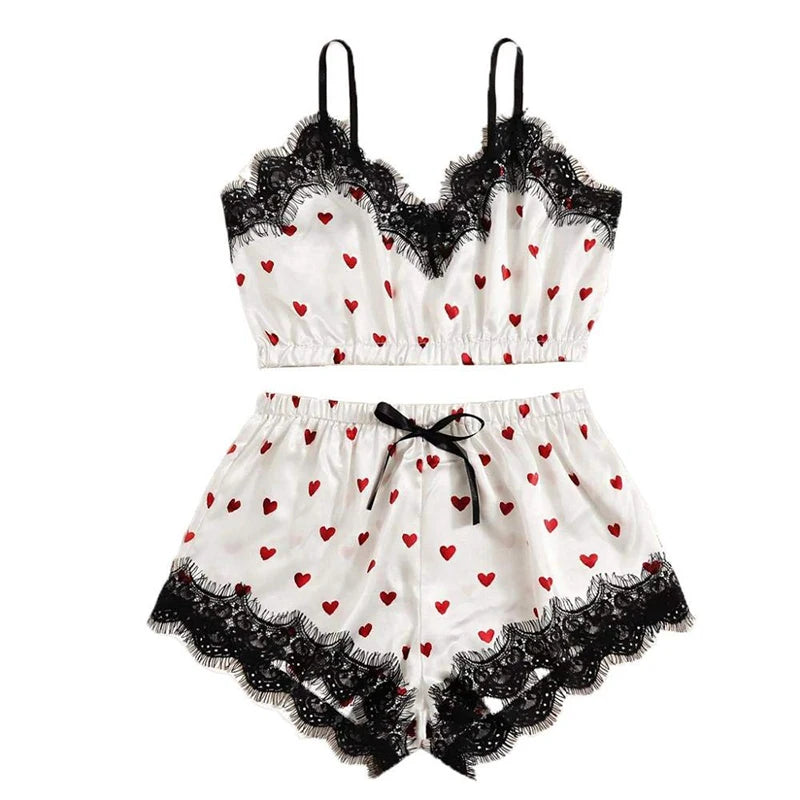 Two Piece Women's Sexy White Printed Heart V-Neck Suspender Top and Lace Embellished Shorts Women's Sexy Pajama Set