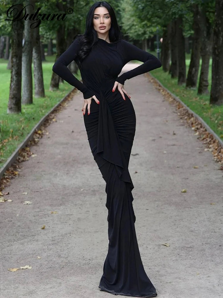 Dulzura Solid Maxi Dress Long Sleeves Ruched High Slit Elegant Banquet 2023 Autumn For Women Sexy Wholesale Drop Shipping