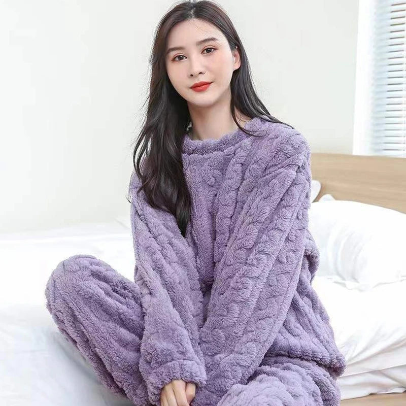 Autumn Women Solid Warm 2 Piece Sets Thicken Velvet Ribbed Fleece Set Pullover And Pants Women Casual Pajama Sets 2023