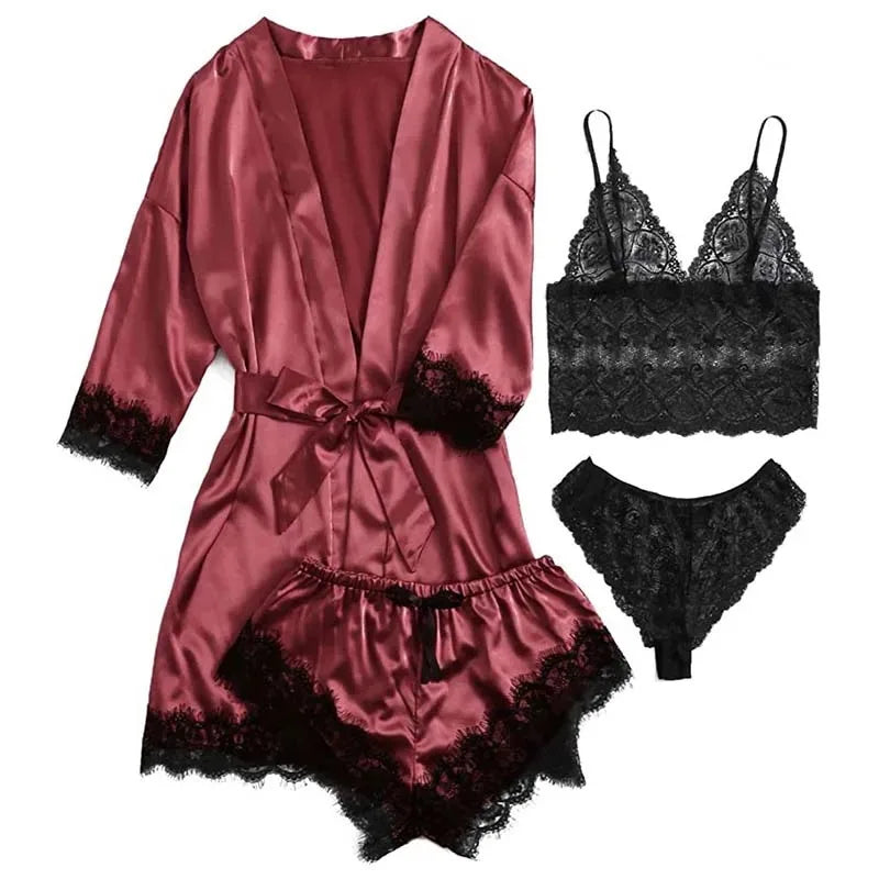 Women's Fashion Pajama Print Sexy Lace Trim Faux Silk Satin Pajama Set Gown Skin Friendly Comfort Loungewear Sexy Pajamas