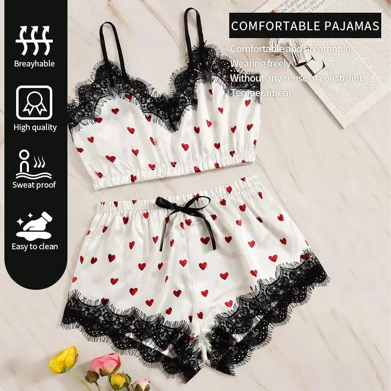 Two Piece Women's Sexy White Printed Heart V-Neck Suspender Top and Lace Embellished Shorts Women's Sexy Pajama Set