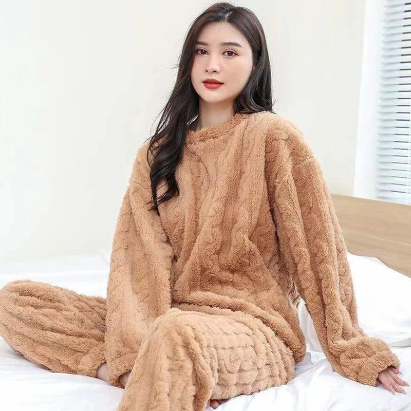 Autumn Women Solid Warm 2 Piece Sets Thicken Velvet Ribbed Fleece Set Pullover And Pants Women Casual Pajama Sets 2023