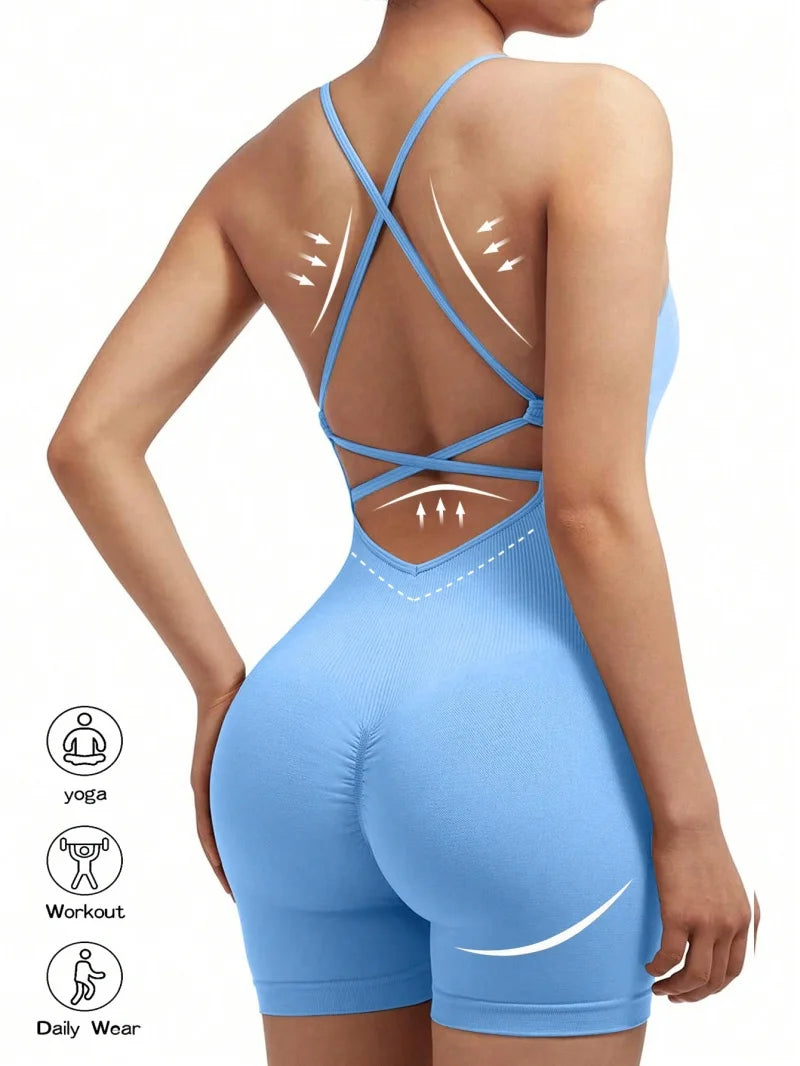 Sexy Fitness Jumpsuit Women Cross Adjustable Sports Playsuit Running One Piece Yoga Suit Scrunch Shorts Backless Set Romper